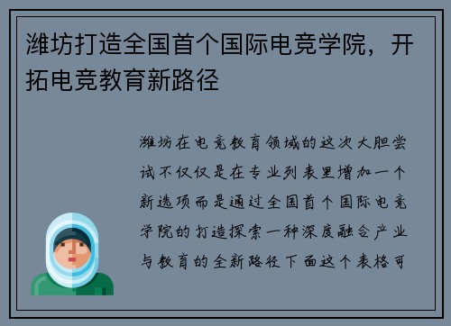 潍坊打造全国首个国际电竞学院，开拓电竞教育新路径